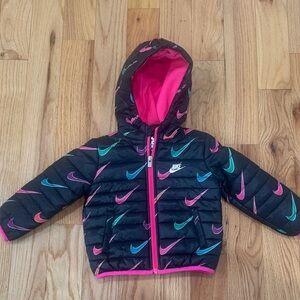 Nike Kids' Black Puffer Jacket with Pink and Blue Accents